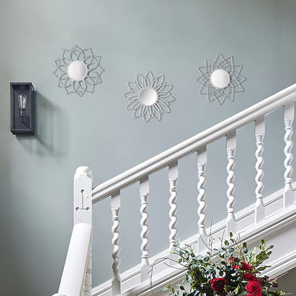 Silver Mirrors for Wall, 9 inch Metal Flower Mirrors Home Christmas Decoration, Christmas Wall Art Decorative Mirror Small Mirror for Living Room Bedroom, Entrance Set of 3