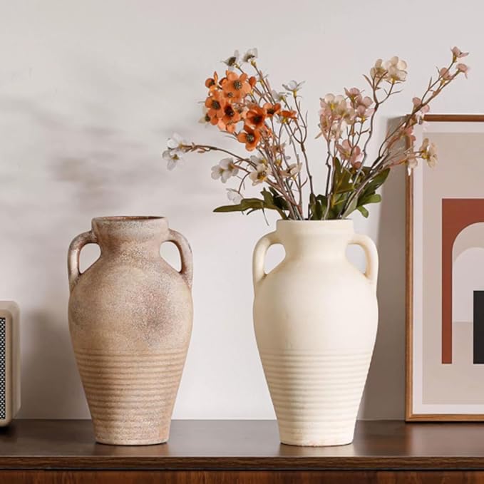 Ceramic Rustic Flower Vase, 10.83 Inch Pottery Modern Vase for Shelf, Tabletop, Vintage Farmhouse Home Decor for Coffee Table, Living Room, Mantle, Fireplace, Entryway