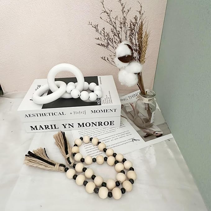 2 pcs Decorative Wood Knot Link Chain and Bead Decor, White Wooden Knot Decor for Coffee Table Farmhouse Decortive for Home Boho Modern Shelf Decortion(White)