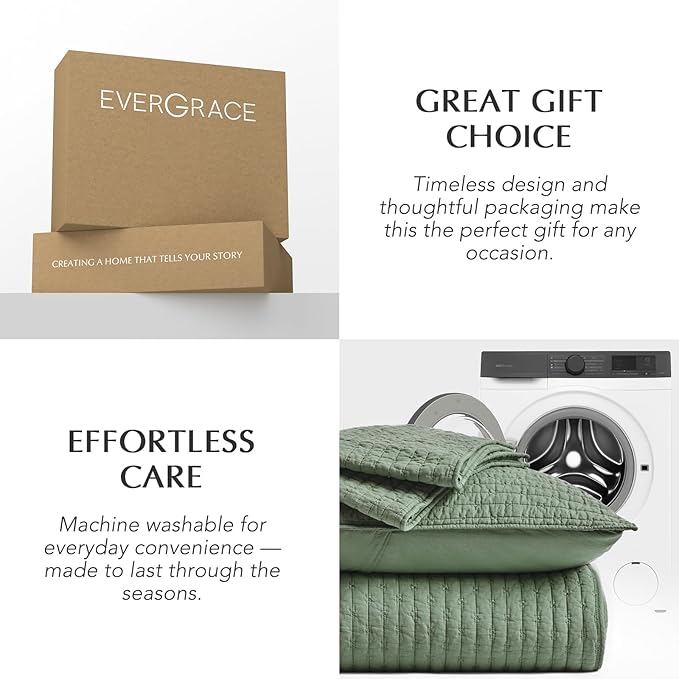 EVERGRACE Cross Stitch Pre-Washed Cotton Quilt Bedding Set Queen Size, Oversized 3 Pieces Lightweight Bedspread Coverlet for All Season, with 2 Matching Shams, Olive Green, 92"x96"