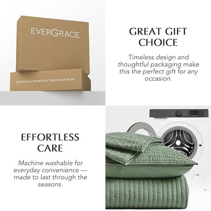 EVERGRACE Cross Stitch Pre-Washed Cotton Quilt Bedding Set Queen Size, Oversized 3 Pieces Lightweight Bedspread Coverlet for All Season, with 2 Matching Shams, Olive Green, 92"x96"