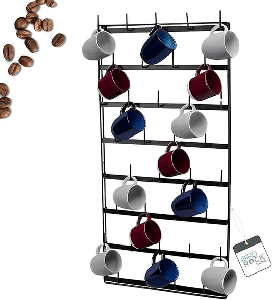 BIRDROCK HOME 36 Peg Coffee Mug Organizer Wall - 8 Tier Wall Mounted Coffee Mug Holder - Tea Cup Display Shelf Wall Mounted - Heavy Duty Decorative Kitchen Bar Organizer Flat Metal Steel Rack - Black