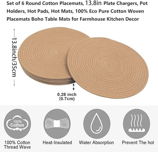 6 Pack Jute Woven Placemats, 13.8 inches Braided Charger Plates Round Rattan Placemats Vintage Tablemats Wicker Tablemats Boho Heat Resistant Mats for Weddings Indoor & Outdoor Party