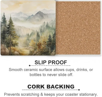Forest Drink Coasters, Square Ceramic Drink Coaster Square-6PCS, Watercolor Mountain Forest Nature Tree Woodland Decor Absorbent Ceramic Coasters for Beverage Cup, Bar, Coffee Table
