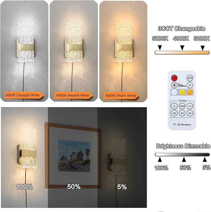 Plug in Wall Sconce Set of 2 - Small Gold Dimmable Bedroom Wall Light, Remote Control 6W LED 3000K-5000K Plug-in Wall Lamp with Timer, Acrylic Sconce Wall Lighting Bedside, Living Room, Bathroom