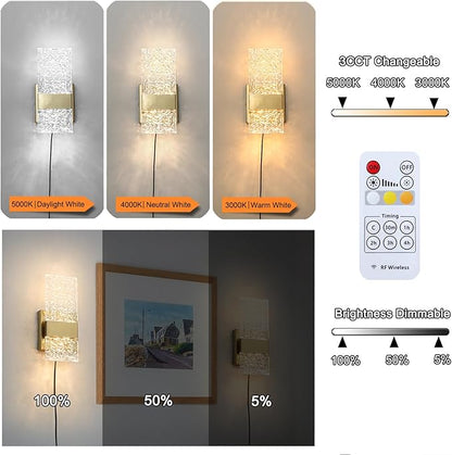 Plug in Wall Sconce Set of 2 - Small Gold Dimmable Bedroom Wall Light, Remote Control 6W LED 3000K-5000K Plug-in Wall Lamp with Timer, Acrylic Sconce Wall Lighting Bedside, Living Room, Bathroom