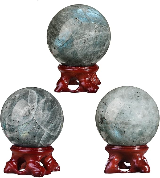 mookaitedecor Natural Labradorite Crystal Ball with Resin Stand, Decorative Stone Sphere Ball for Feng Shui Meditation Divination Home Decor, 2-2.36 Inch (51-60 mm)