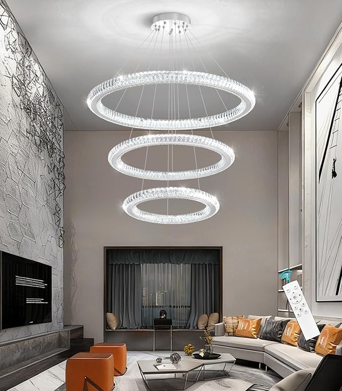 3 Rings Modern LED Chandelier Crystal Dimmable Large Foyer Chanderliers Entryway High Ceiling for Staircase Pendant Lights for Living Room Silver Light