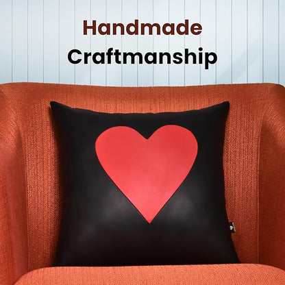 LL LEATHER LOVERS Genuine Lambskin Leather Pillow Cover, 16x16 Inch Case for Lumbar Throw Couch Pillows, Thick & Soft Cushion Covers for Sofa Bed Home Décor (Red Heart & Black Plain Pack of 2)