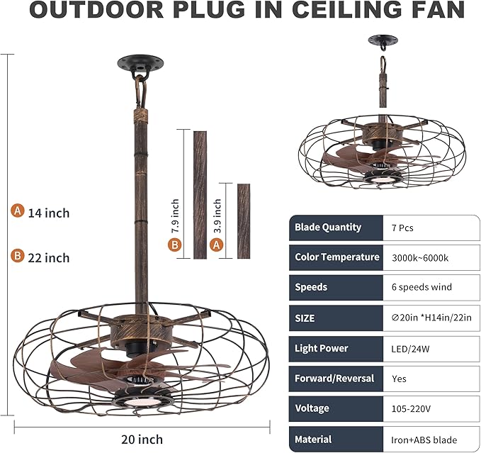 20" Outdoor Ceiling Fan with Light, with Remote and App Remote, IP65 Waterproof Gazebo Hanging Fan, 3CCT Dimmable, Portable Plug in Ceiling Fan with Cord Hook for Patio Porch Pergola (Antique Bronze)