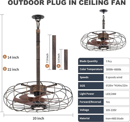 20" Outdoor Ceiling Fan with Light, with Remote and App Remote, IP65 Waterproof Gazebo Hanging Fan, 3CCT Dimmable, Portable Plug in Ceiling Fan with Cord Hook for Patio Porch Pergola (Antique Bronze)