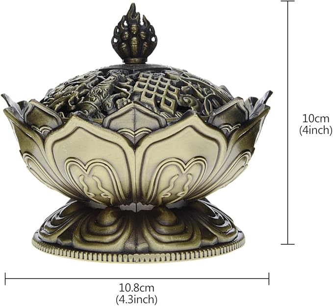 Saim Vintage Lotus Incense Burner Holder,Chinese Buddha Alloy Metal Incense Burner Incense Holder Handmade Censer Bowl Buddhist Decor, Home Decoration-Large-Bronze