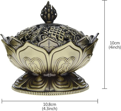 Saim Vintage Lotus Incense Burner Holder,Chinese Buddha Alloy Metal Incense Burner Incense Holder Handmade Censer Bowl Buddhist Decor, Home Decoration-Large-Bronze