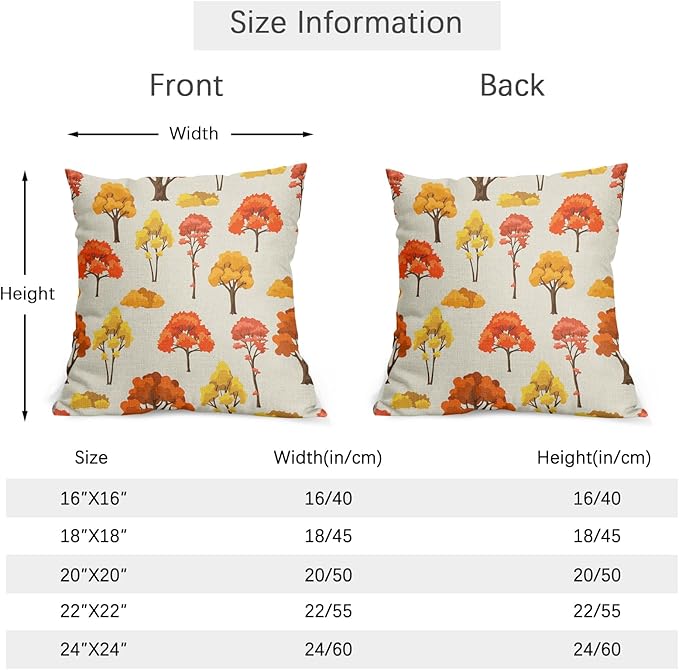 Fall Pillow Covers 20x20 Set of 2 Red Orange Maple Tree Leaf Autumn Outdoor Pillowcase with Zipper Forest Print Pattern Decorative Cushion Cover Rustic Decoration Farmhouse Sofa Couch Bed Decor