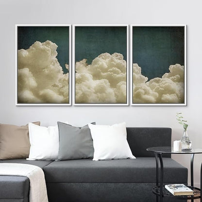 MUDECOR Framed Wall Art Print Set Vintage Cloudscape Dreamy Cotton Clouds Illustrations Modern Art Decorative Colorful Chic for Living Room, Bedroom, Office - 24"x36"x3 White