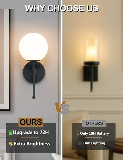 Battery Operated Globe Wall Sconces Set of 2, Black Wireless Wall Lights with Remote Control, Rechargeable 3 Color Stepless Dimming Modern Wall Decor Lamp for Bedroom Living Room Hallway