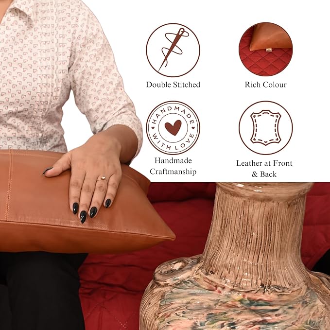 100% Lambskin Leather Pillow Cover - Sofa Cushion Case - Decorative Throw Covers for Living Room & Bedroom, 10x18 Inch - Mango Tan Antique Plain Pack of 1