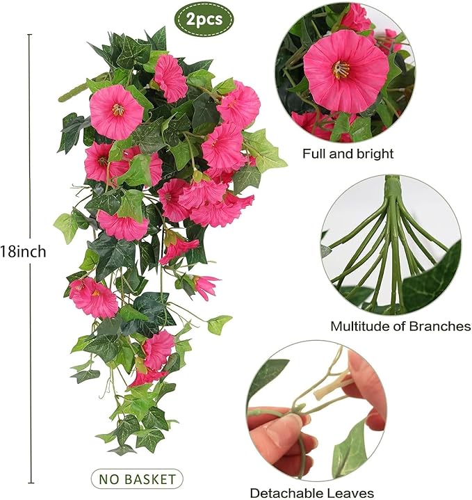 RECUTMS Artificial Fake Hanging Flowers Plants for Outdoor Spring Decor, 2 Pcs UV Resistant Faux Petunias Trailing Plants Realistic Flower Look Real for Door Wall Yard Porch Garden Planter (Rose Red)