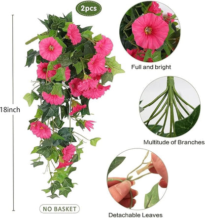 RECUTMS Artificial Fake Hanging Flowers Plants for Outdoor Spring Decor, 2 Pcs UV Resistant Faux Petunias Trailing Plants Realistic Flower Look Real for Door Wall Yard Porch Garden Planter (Rose Red)