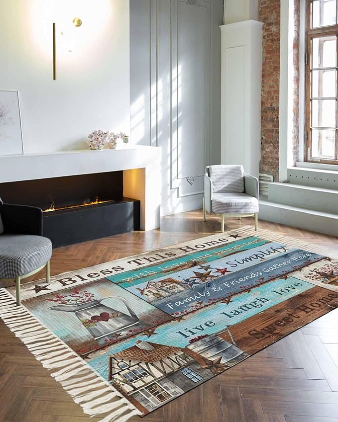 Turquoise Blue Brown Large Runner Rug 4X6 Ft Living Room Area Rug, Washable Woven Vintage Barn Rustic Cabin Throw Carpet With Tassel, Non-Shedding Country Star Farm Wooden Plank Bedroom Office Carpets