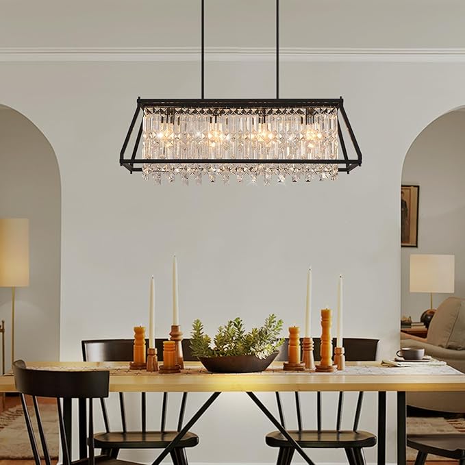 LMQNINE Chandeliers for Dining Room, 4-Light Trapezoidal Industrial Dining Room Light Fixture Farmhouse Chandelier Crystal Pendant Lights Kitchen Island Living Room (Black 35.43 inch)