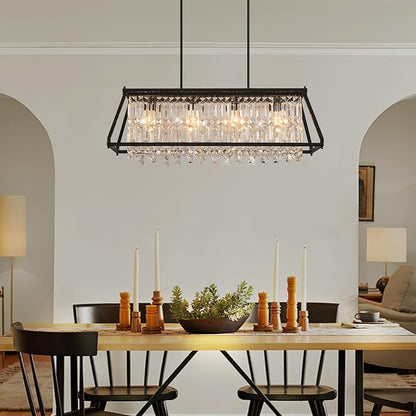 LMQNINE Chandeliers for Dining Room, 4-Light Trapezoidal Industrial Dining Room Light Fixture Farmhouse Chandelier Crystal Pendant Lights Kitchen Island Living Room (Black 35.43 inch)