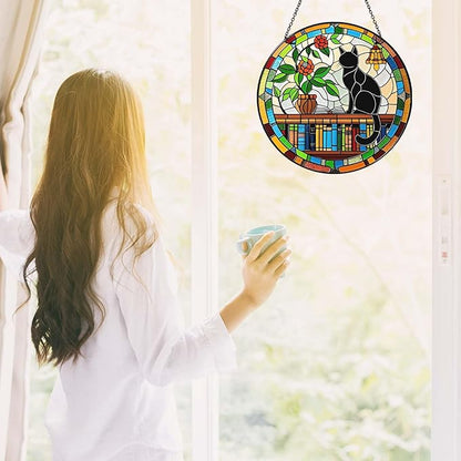 Cat Sun Catcher Stained Glass Window Hanging Book Lover Gifts for Women Book Wall Decor Handmade Sun Catcher Black Cat Sitting On Bookshelf Decoration for Home Room Housewarming Gifts