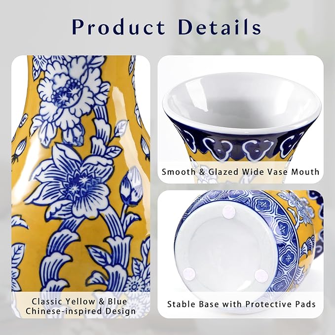 Blue and Yellow Ceramic Vase, 11" Tall Chinoiserie Vase in Wide Mouth, Royal-Inspired Vintage Flower Vases Decorative Vases for Home Decor, Table Centerpiece, Living Room, Dining Room, Entryways Decor