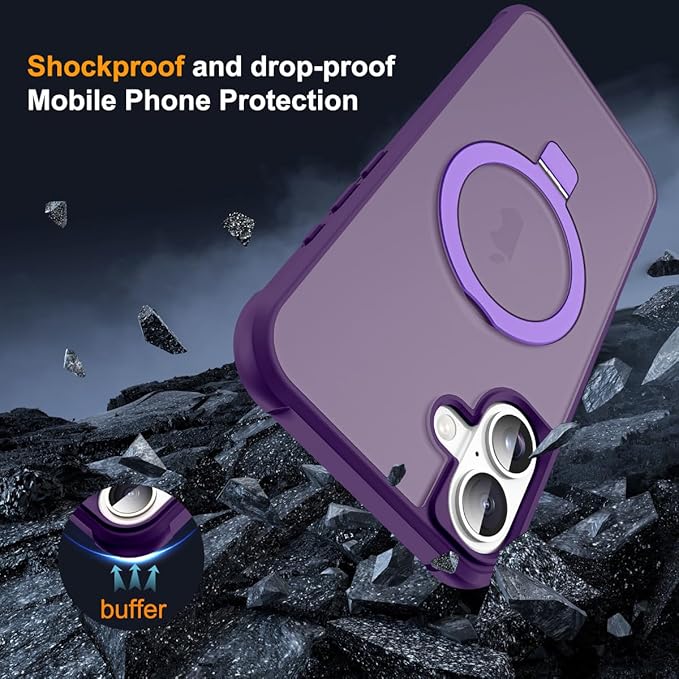 Compatible with iPhone 16 Plus Case with Invisible Magnetic O-Ring Stand Military-Grade Translucent Case for iPhone 16 Plus 6.7" [Compatible with Mag-Safe][Great Grip Feeling], Purple