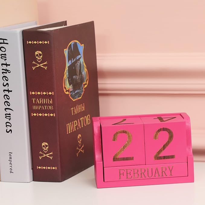 Block Calendar,Wooden Perpetual Blocks,Small Desk Decor for Office Desktop Vintage Month Date Number Cubes Display Home Chic Rustic Decoration(Hot Pink)