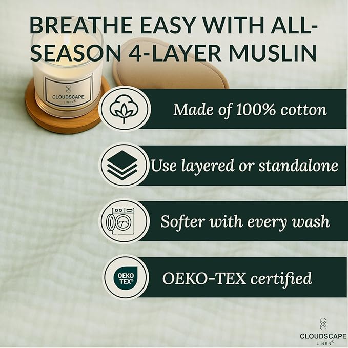 Luxury 100% Cotton Muslin Throw Blanket, 4 Layer Extra Large 50x70in, Perfect for Couch, Sofa, Home Decor, Soft Cotton Gauze Travel Blanket, Winter Cozy Throw, All Season Seafoam