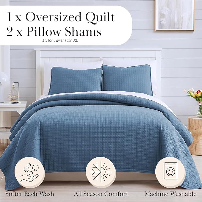 Southshore Fine Living, Inc. Queen Quilt Bedding Set, Summer Comforter Quilts Queen Size, Pet Hair Resistant Bedding, Lightweight Bedspread, Full Size Coverlet with 2 Pillow Shams, Coronet Blue