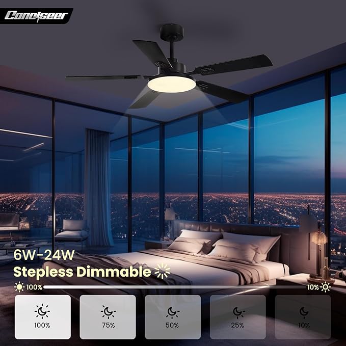52 Inch Ceiling Fans with Lights and Remote for Bedroom Living Room Kitchen Office, Indoor/Outdoor Use, 5CCT Dimmable, 5 Blades, 6 Speed Reversible Quiet DC Motor, Black/Wood Grain