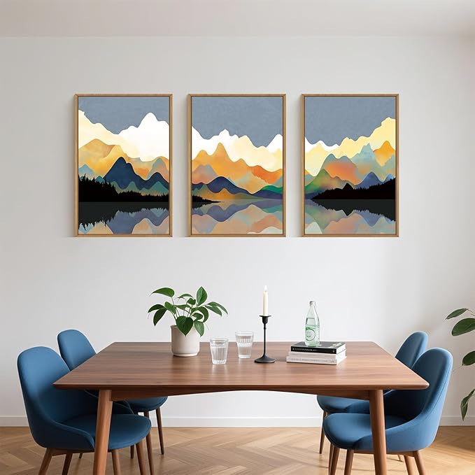 Large Abstract Mountain Lake Framed Canvas Wall Art,Watercolor Boho Forest Wall Decor,Colorful Ridge Landscape Artwork,Modern Wilderness Art Print for Living Room,Bedroom,Office- 24"x36"x3