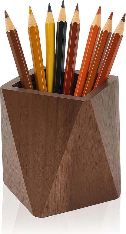 Geometric Pencil Holder, Wooden Pen Holder, Wood Cute Prismatic Storage Pot Cup Organizer Stand, Black Walnut, Multi-functional Accessories for Desktop, Office, School Supplies, Makeup Brushes, Home