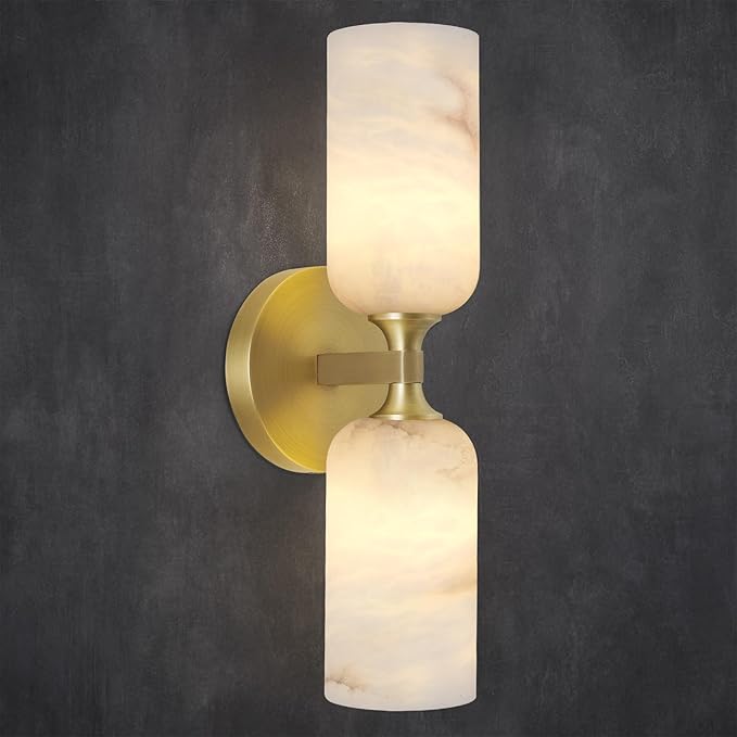 Alabaster Wall Sconces, 14" Modern Spanish Natural Marble Vanity Light, Dimmable Hardwired Brass Gold Wall Sconce Lighting for Bathroom Mirror, Bedroom, Living Room, Luxury Natural Stone Wall Fixtures