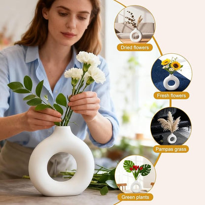 White Ceramic Vase, 2Pcs Round Boho Style Pampas Grass Home Vases, Minimalist Modern Donut Flower Vase for Living Room Office Wedding Coffee Table Decor