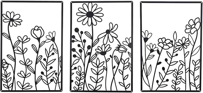 OYEFLY 3 Pcs Metal Flower Wall Decor,Minimalist Flower Wall Decors,Rustic Farmhouse Decor (Black)