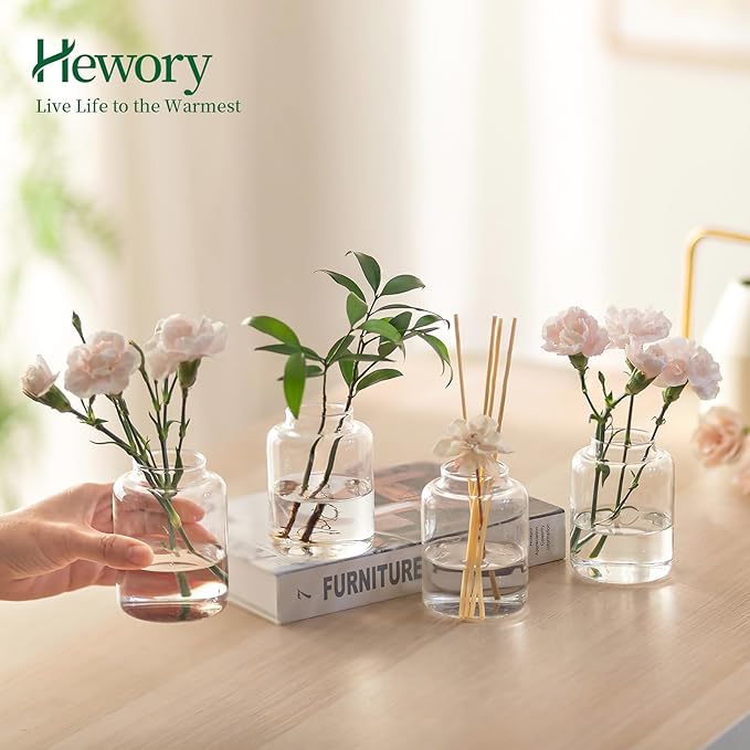 Hewory Mini Bud Vases Set of 6: Small Glass Vases for Flowers, Modern Clear Bud Vase Bulk for Wedding Centerpieces Baby Shower Parties Rehearsal Dinner Table Decorations