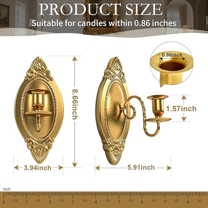 Gold Candle Sconces Set of Two, Brass Color Victorian Royal Wall Sconce, Metal Rustic Candle Holder Baroque Home Wall Decor for Living Room, Dining Room, Bedroom, Fireplace, Hallway, Window