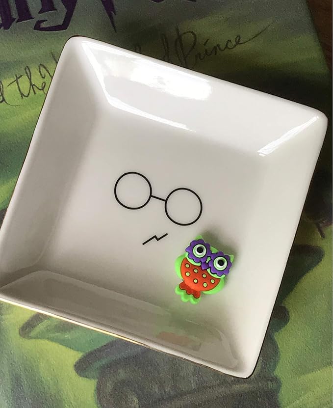 Simply Charmed Porcelain Jewelry Ring Holder Tray – Harry Potter Gift, Porcelain Trinket Dish, 4"x4" White with Golden Glaze, Jewelry Organizer