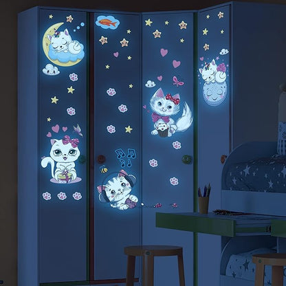 Glow in The Dark Stars for Girl's Room, Glowing Cats Cartoon Wall/Ceiling Decals, Kitten Butterflies Stickers for Kids Bedroom, Luminous Wall Decor for Nursery (Blue)