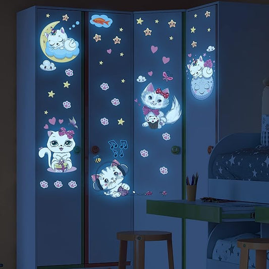 Glow in The Dark Stars for Girl's Room, Glowing Cats Cartoon Wall/Ceiling Decals, Kitten Butterflies Stickers for Kids Bedroom, Luminous Wall Decor for Nursery (Blue)