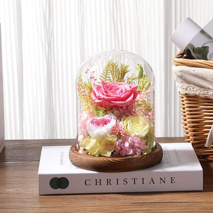 LOVENFOLD Flowers for Delivery Preserved Flowers Pink Roses with LED Light in a Glass Dome,Long Lasting Forever Flowers Birthday Gifts for Women Daughter Mom Wife Friend（Pink Rose）