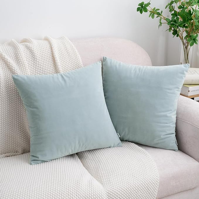 HWY 50 Baby Blue Velvet Throw Pillow Covers 18x18 Inch, Pack of 2 Soft Cozy Solid Decorative Luxury Cushion Cases for Couch Sofa Bed Living Room Bedroom