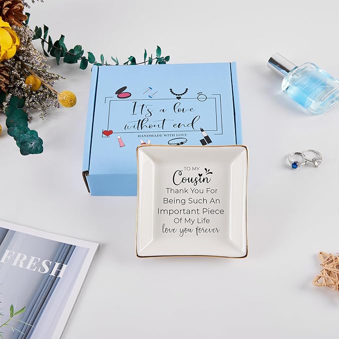 Cousin Gifts for Women, To My Cousin Trinket Tray Jewelry Dish, Cousins Birthday Gifts for Cousin Christmas Mothers Day Valentines Gift - Thank You for Being Such An Important Piece of My Life