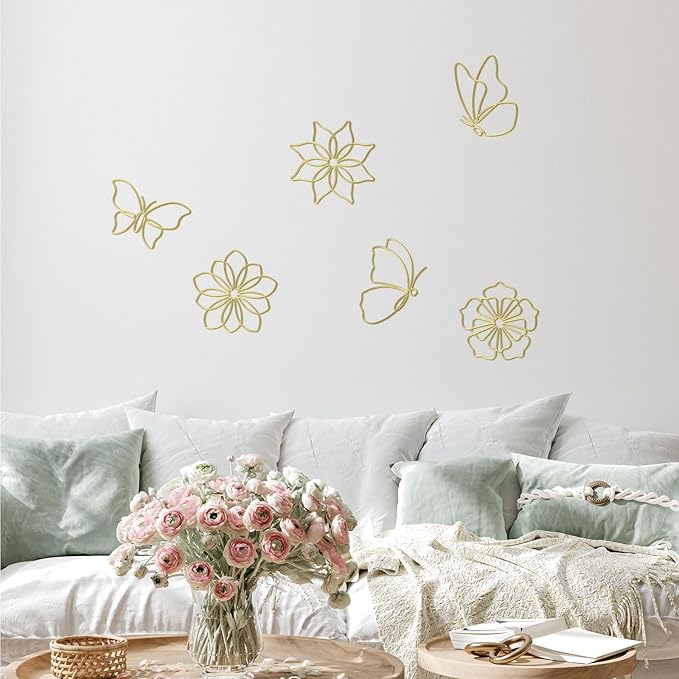 Hotop 6 Pieces Metal Butterfly Wall Decor Metal Wall Art Heart Hanging Decorations Wire Flowers Decals Decor for Kitchen Bathroom Indoor Outdoor Wedding Birthday Party(Stylish,Gold)