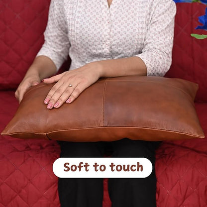 100% Lambskin Leather Pillow Cover - Sofa Cushion Case - Decorative Throw Covers for Living Room & Bedroom, 16x24 Inch - Dark Tan Plain Pack of 2