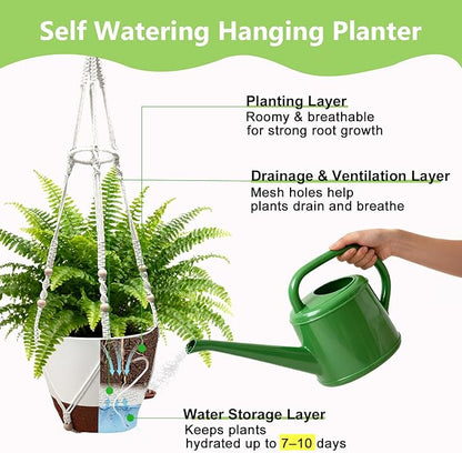 Hanging Planters for Indoor Plants: 2 Pack Macrame Plant Hangers with Grow Lights and Self-Watering Pots, 10 Inch Large Hanging Pots with Drainage Holes & Removable Tray
