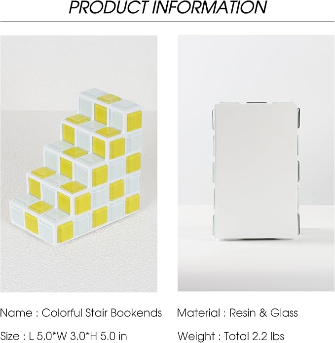 Decorative Bookends for Shelves - Stair Book Ends for Heavy Books - Unique Book Stopper & Holder for Shelves - Modern Home Decor Aesthetic Bookshelf Decor (Yellow & White)